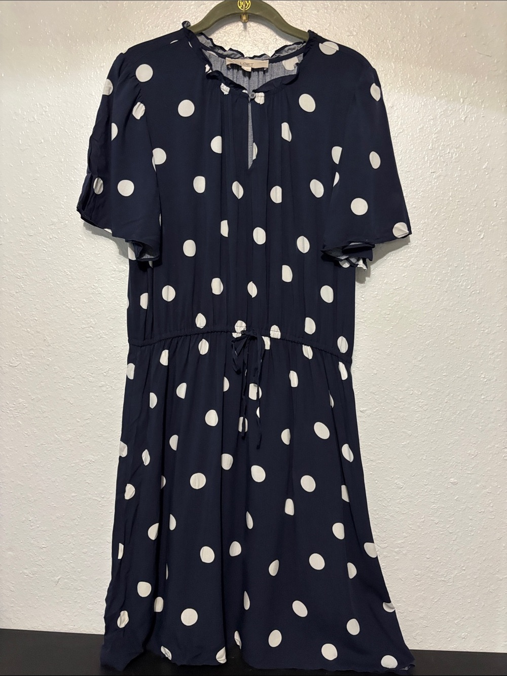 LOFT Navy and White Polka Dot Midi Dress